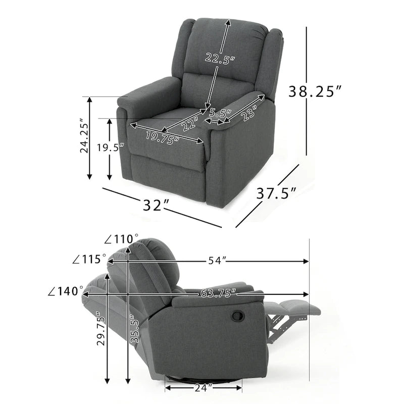 Fabric Glider Recliner with Swivel, Manual Reclining Chair