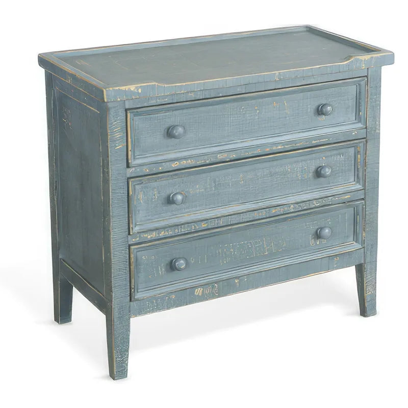 Side End Table with 3 Drawers, 28 Inch Rustic Green Mahogany Wood
