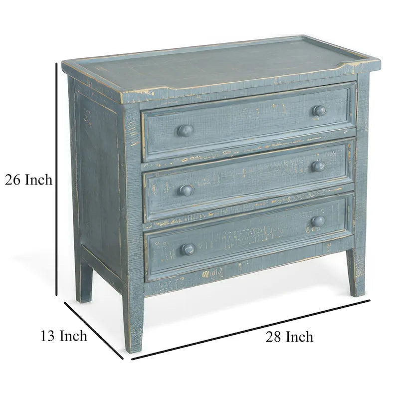 Side End Table with 3 Drawers, 28 Inch Rustic Green Mahogany Wood