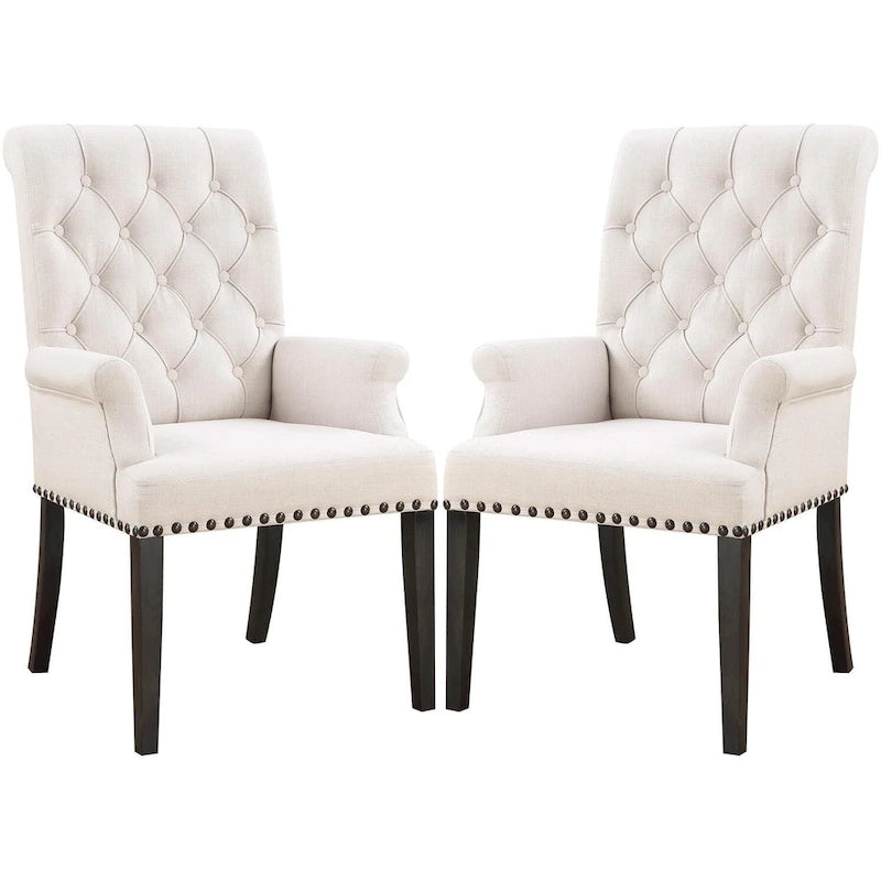 Rolled Back Design Button Tufted Beige Dining Arm Chair with Nailhead Trim