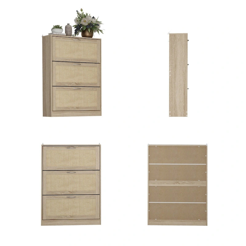 Shoe Cabinet, Shoe Rack Storage Organizer with 3 Flip Drawers Rattan