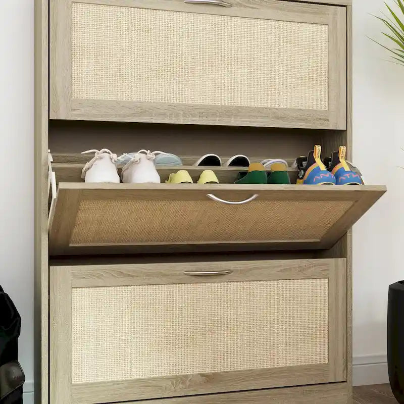 Shoe Cabinet, Shoe Rack Storage Organizer with 3 Flip Drawers Rattan