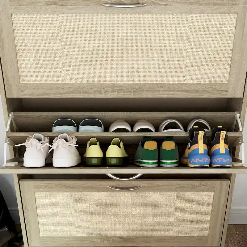 Shoe Cabinet, Shoe Rack Storage Organizer with 3 Flip Drawers Rattan