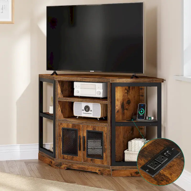 47-inch Mesh Door Wood Corner TV Stand and Media Console