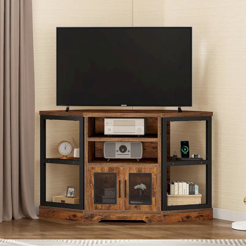 47-inch Mesh Door Wood Corner TV Stand and Media Console