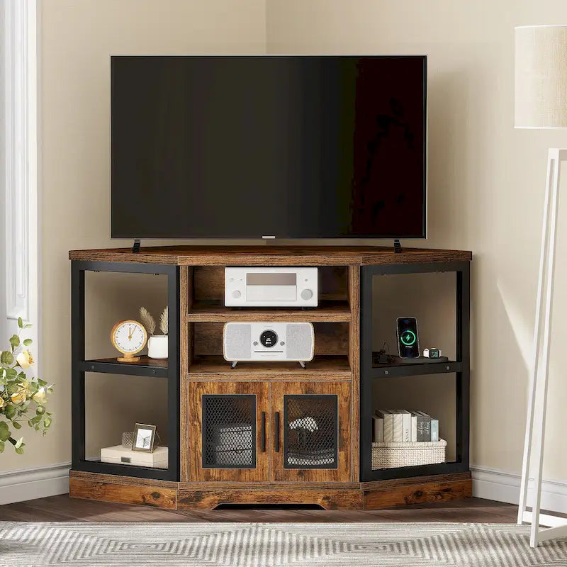 47-inch Mesh Door Wood Corner TV Stand and Media Console