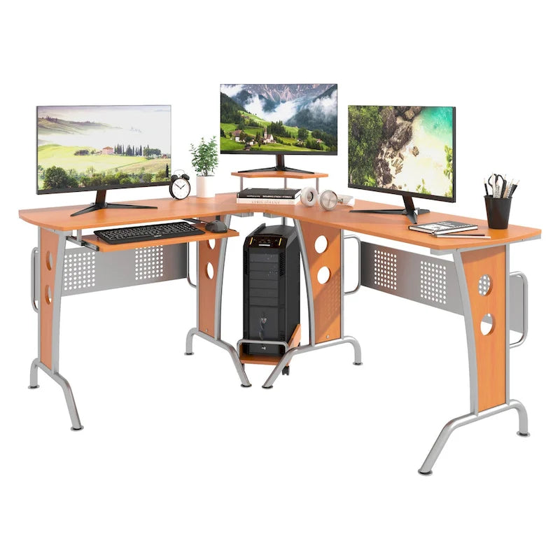 L-Shaped Corner Computer Office Desk Workstation with Elevated Shelf, Rolling Keyboard Tray, & Convenient CPU Stand
