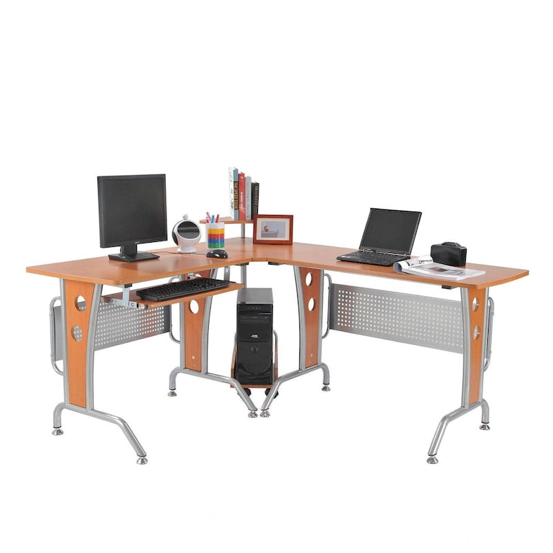 L-Shaped Corner Computer Office Desk Workstation with Elevated Shelf, Rolling Keyboard Tray, & Convenient CPU Stand
