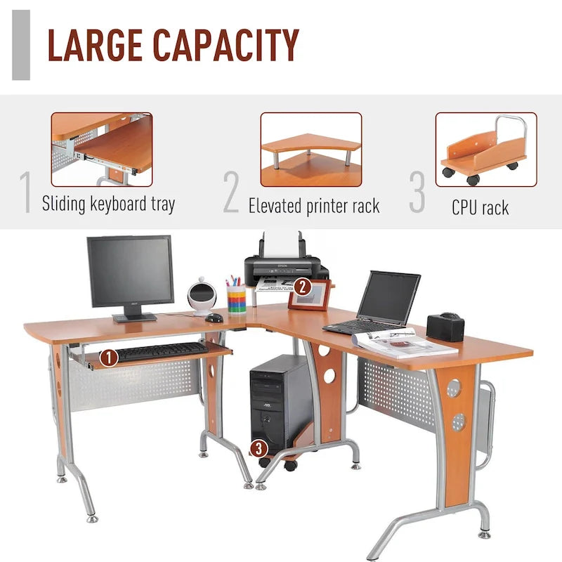 L-Shaped Corner Computer Office Desk Workstation with Elevated Shelf, Rolling Keyboard Tray, & Convenient CPU Stand