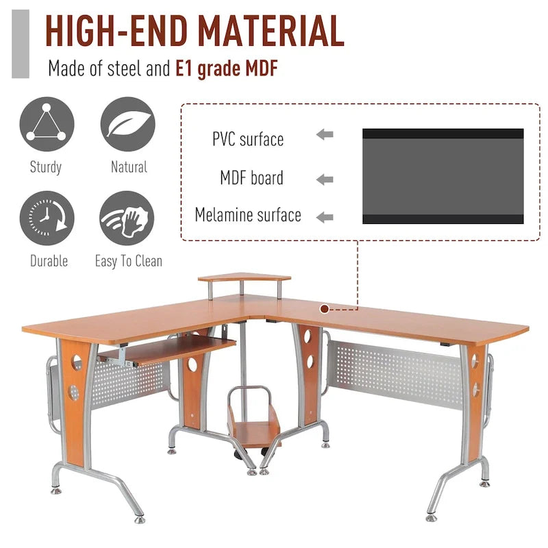 L-Shaped Corner Computer Office Desk Workstation with Elevated Shelf, Rolling Keyboard Tray, & Convenient CPU Stand