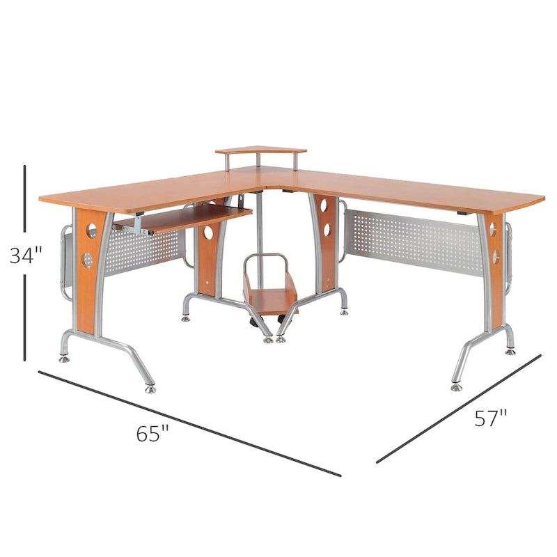 L-Shaped Corner Computer Office Desk Workstation with Elevated Shelf, Rolling Keyboard Tray, & Convenient CPU Stand