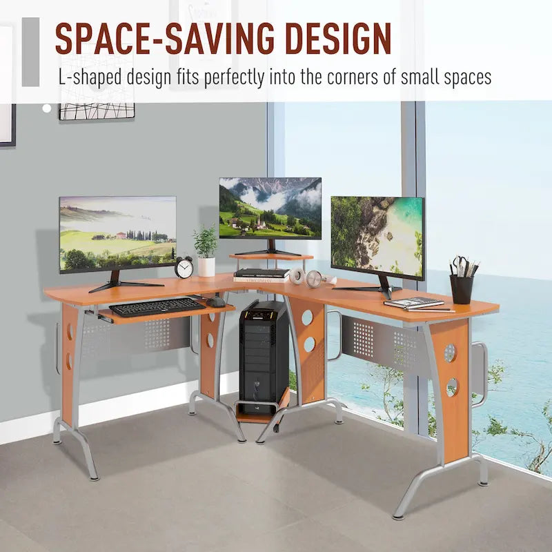 L-Shaped Corner Computer Office Desk Workstation with Elevated Shelf, Rolling Keyboard Tray, & Convenient CPU Stand