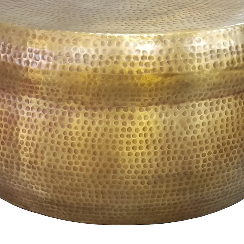 32 Inch Artisanal Round Drum Coffee Table, Hammered Embossed Texturing, Aluminum, Antique Brass