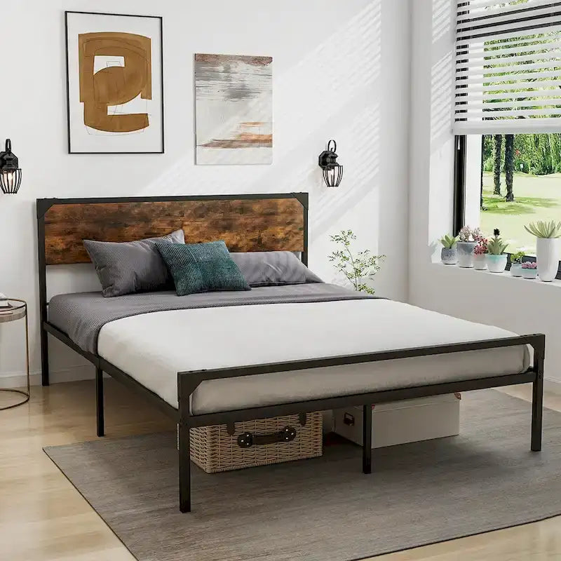 Platform Full/Queen Bed with Rustic Headboard & Footboard