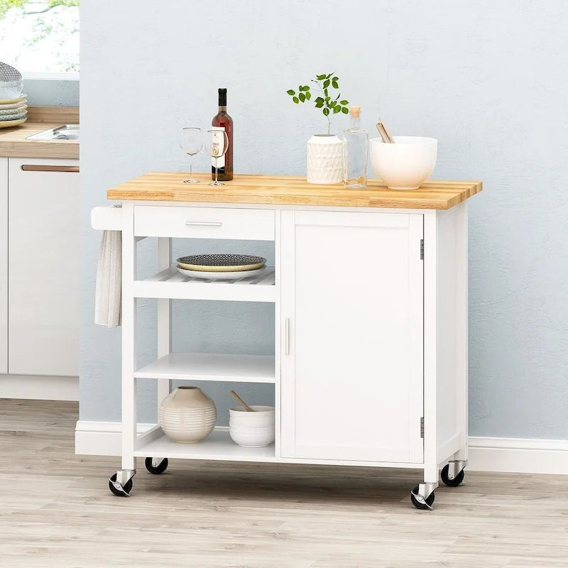 Modern Wooden Kitchen Cart with Wheels Drawer and Cabinet