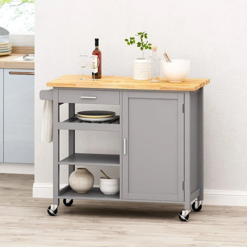 Modern Wooden Kitchen Cart with Wheels Drawer and Cabinet