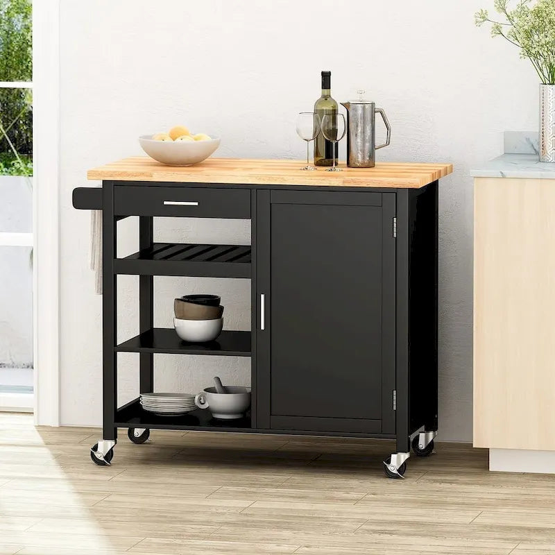 Modern Wooden Kitchen Cart with Wheels Drawer and Cabinet